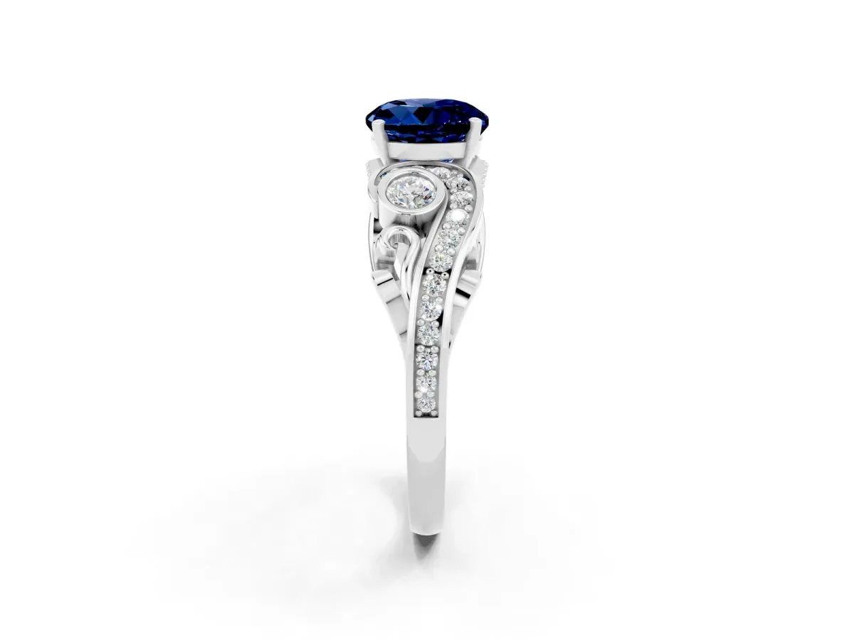 Round Cut Blue Sapphire Solitaire Ring with Milgrain Pavé Band and Four-Prong Setting Silver
