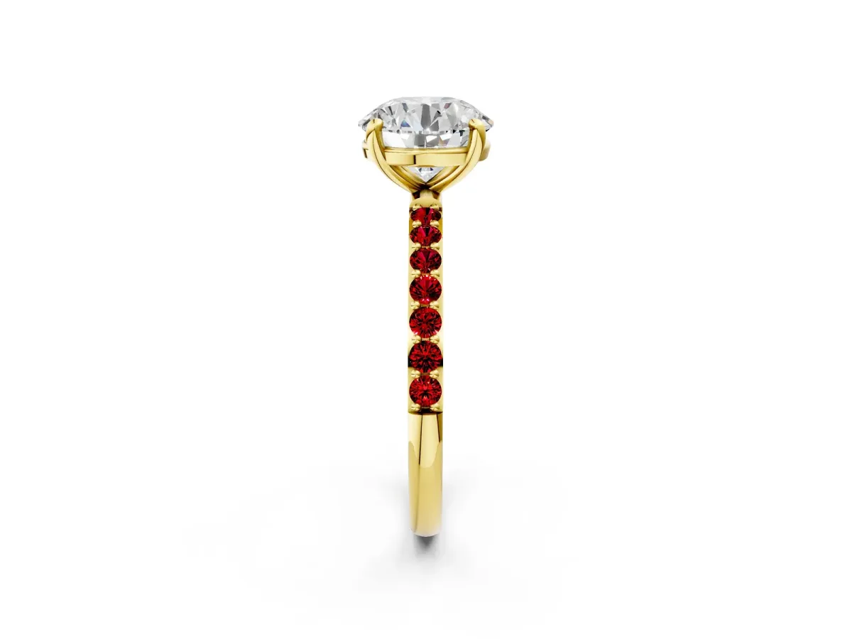 Round Cut Diamond Solitaire Ring with Round Ruby Pavé Band and Prong Setting Yellow gold