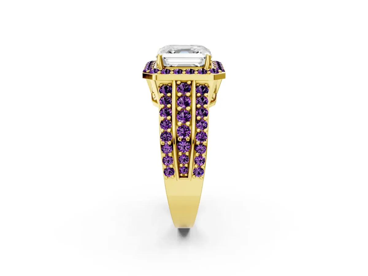 Asscher Cut Halo Diamond Ring with Round Amethyst Split Shank and Prong Setting Yellow gold