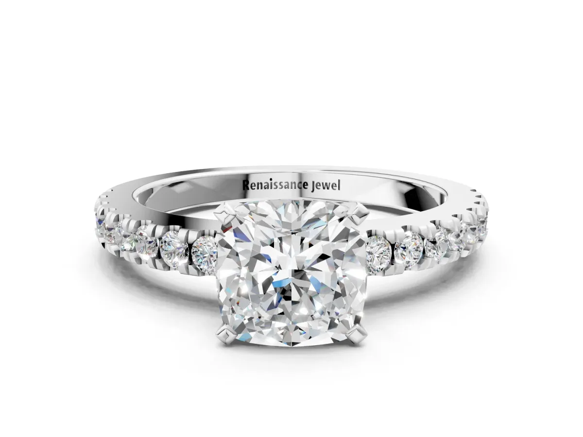 Cushion Cut Solitaire Diamond with Pavé Band and Four-Prong Setting Silver