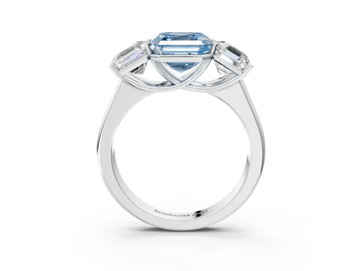 Fancy Blue Asscher Cut Three-Stone Diamond Ring with Prong Setting on a Classic Band Platinum