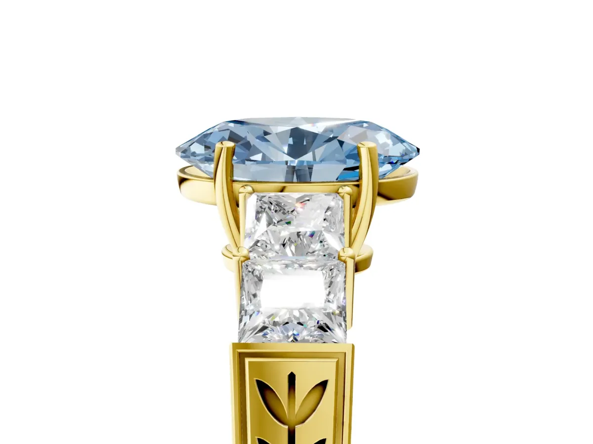 Fancy Blue Oval Cut Solitaire Princess Side Stone Engraved Band Prong Setting Ring Yellow gold