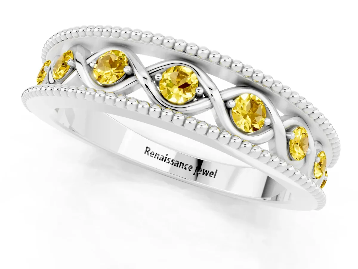 Round Yellow Sapphire Twist Milgrain Band with Bezel Setting Platinum