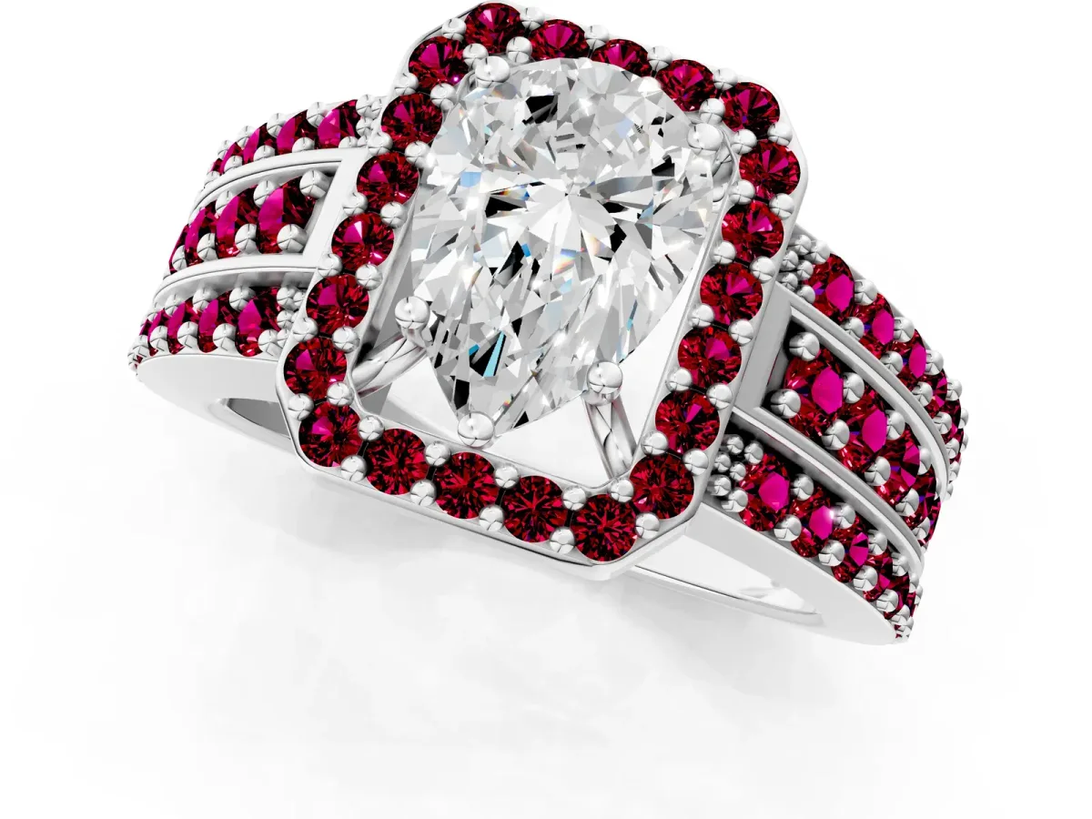 Pear Cut Halo Diamond Ring with Round Garnet Split Shank and Prong Setting Silver