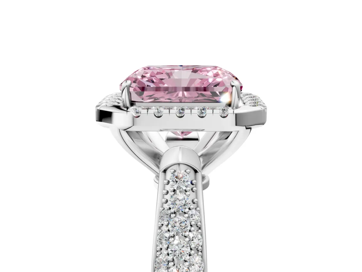 Fancy Pink Radiant Cut Cut Halo Pave Band Four-Prong Setting Ring Platinum