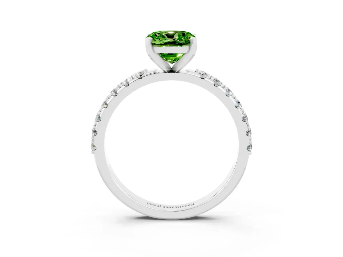 Cushion Cut Peridot Solitaire Pavé Band with Four-Prong Setting Platinum