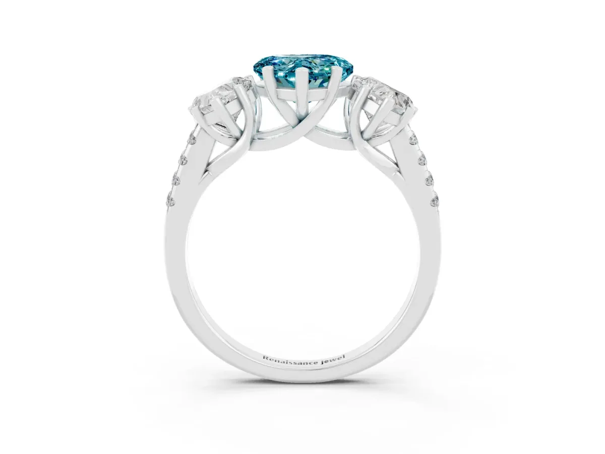 Three-Stone Heart Cut Blue Topaz Ring with Round Pavé Band and Prong Setting Silver