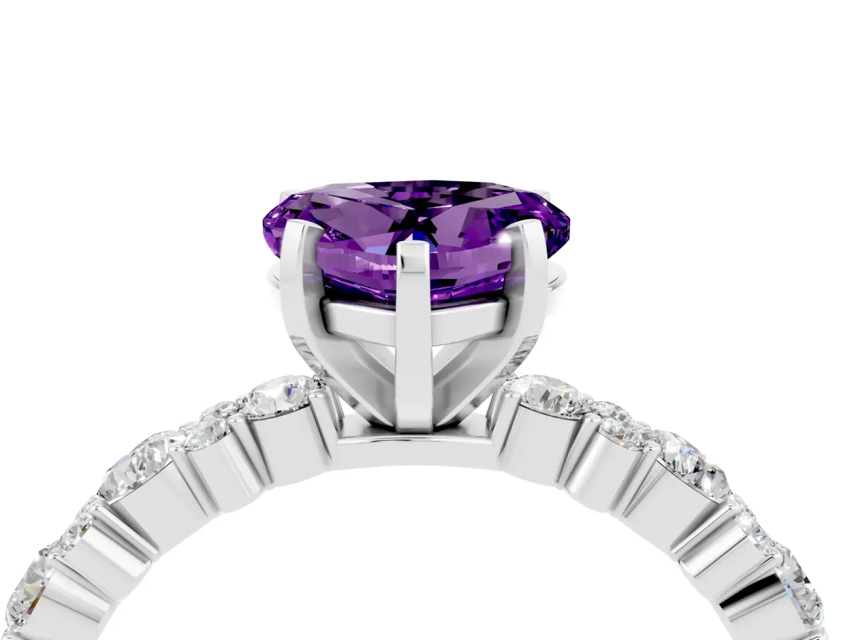 Heart Cut Amethyst Side Stone Solitaire Ring with Round and Four-Prong Setting Platinum