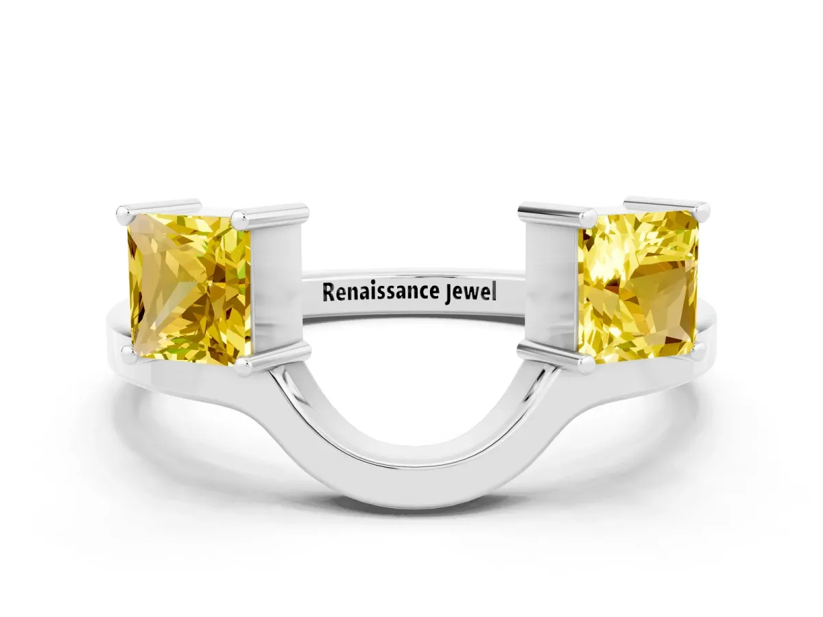 Princess Cut Yellow Sapphire Two-Stone Open Band Ring with Four-Prong Setting Platinum