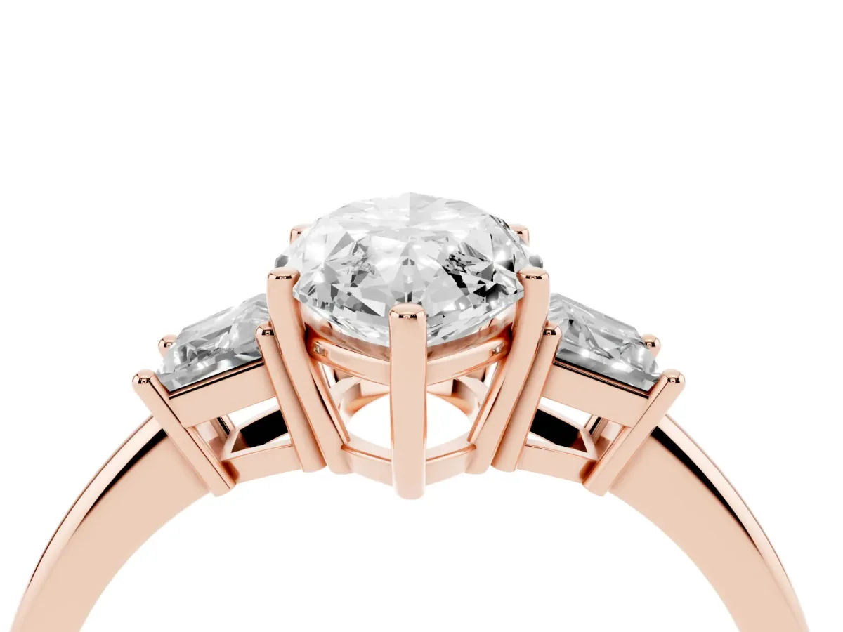 Marquise Cut Diamond Three-Stone Ring with Trapezoid Side Stones and Prong Setting Rose gold