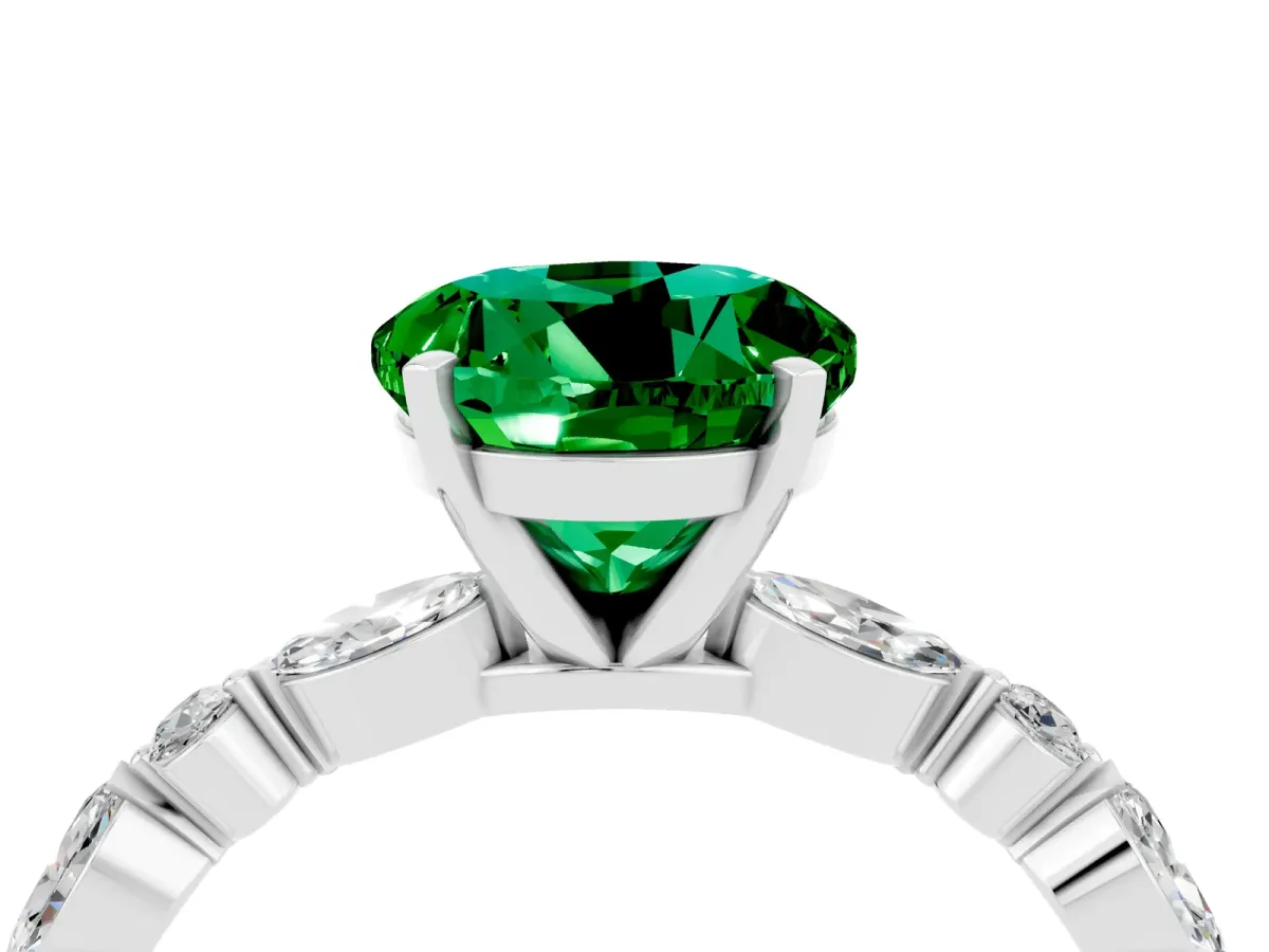 Round Cut Emerald Ring with Marquise and Round Side Stones and Four-Prong Setting Silver
