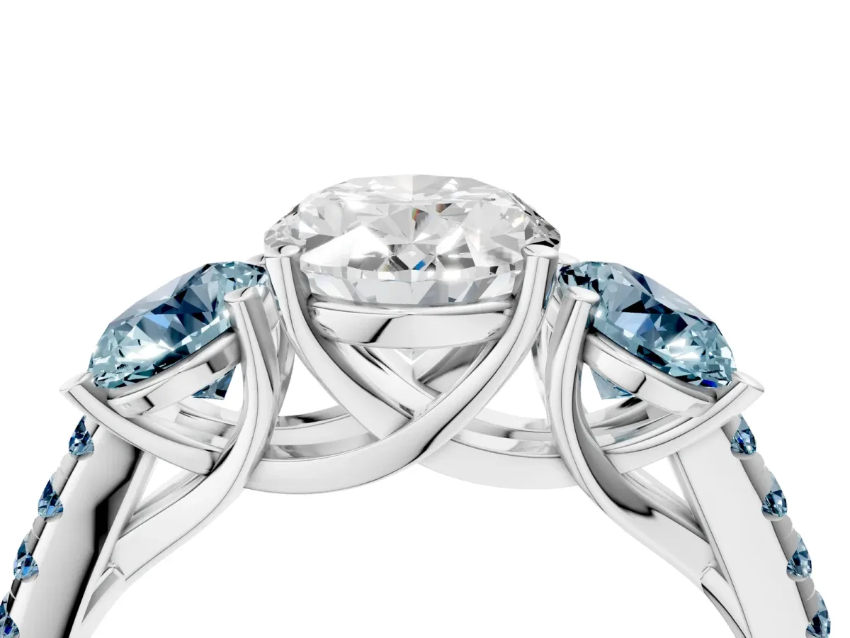 Three-Stone Oval Cut Diamond Ring with Round Aquamarine Pavé Band and Prong Setting Silver