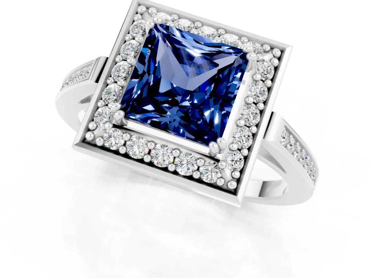 Princess Cut Blue Sapphire Halo Ring with Split Shank and Four-Prong Setting Platinum