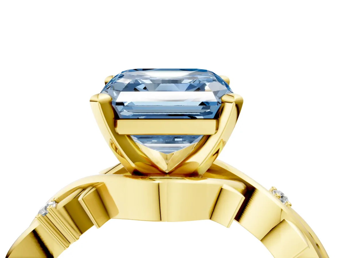Fancy Blue Asscher Cut Diamond Solitaire Ring with Twisted Band and Prong Setting Yellow gold