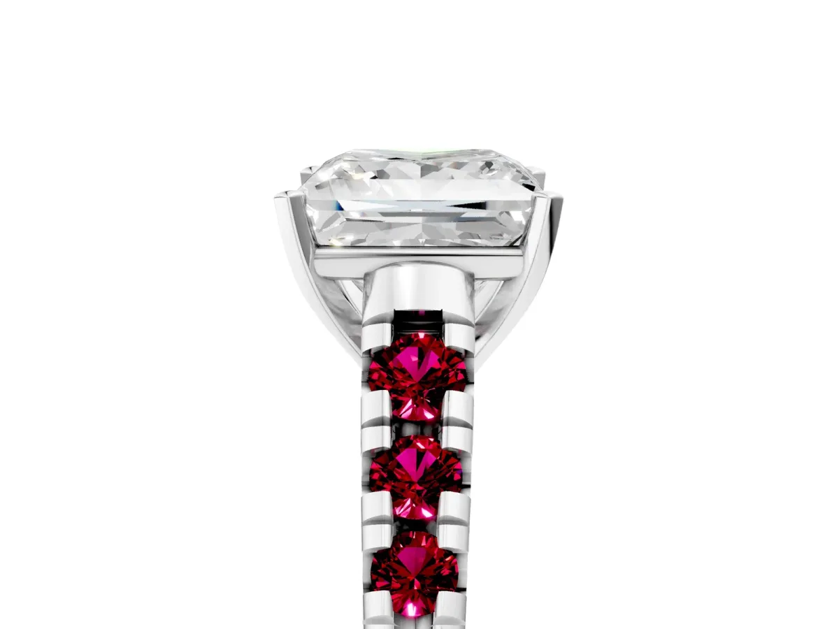 Princess Cut Diamond Cathedral Solitaire Ring with Round Garnet Pavé Band Silver