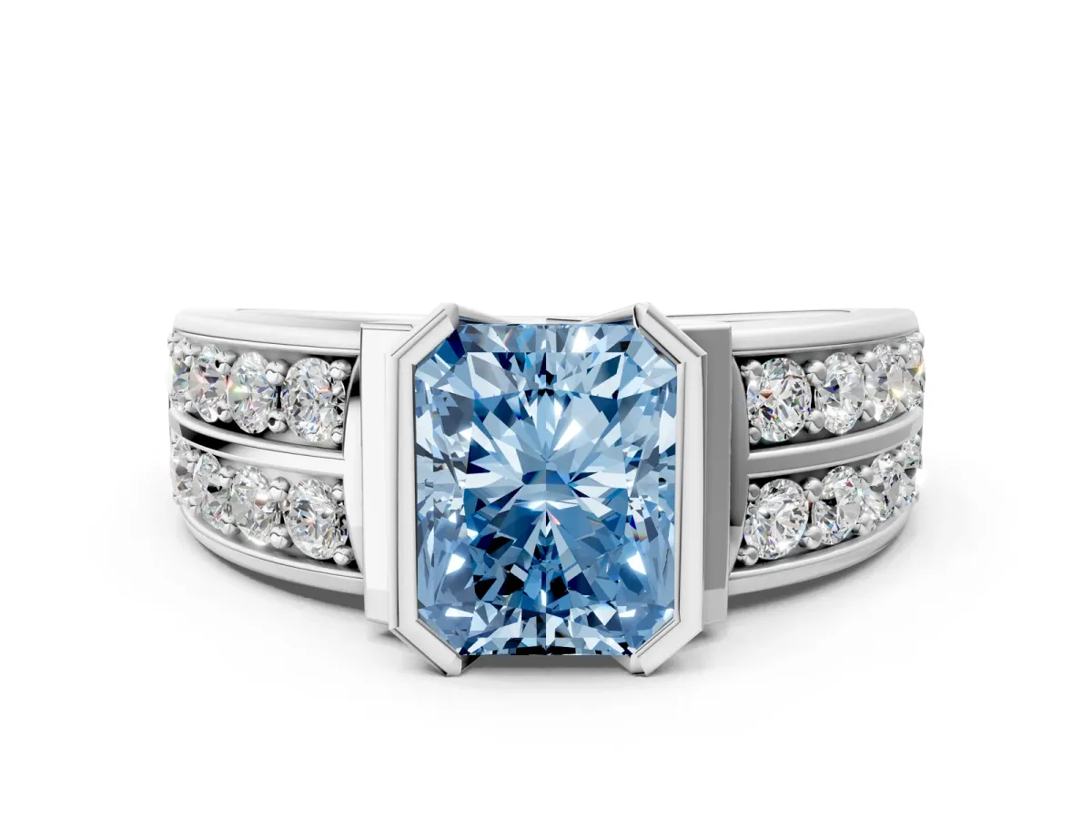 Fancy Blue Radiant Cut Brilliant Diamond Channel Set Wide Band Ring with Bezel Setting Platinum