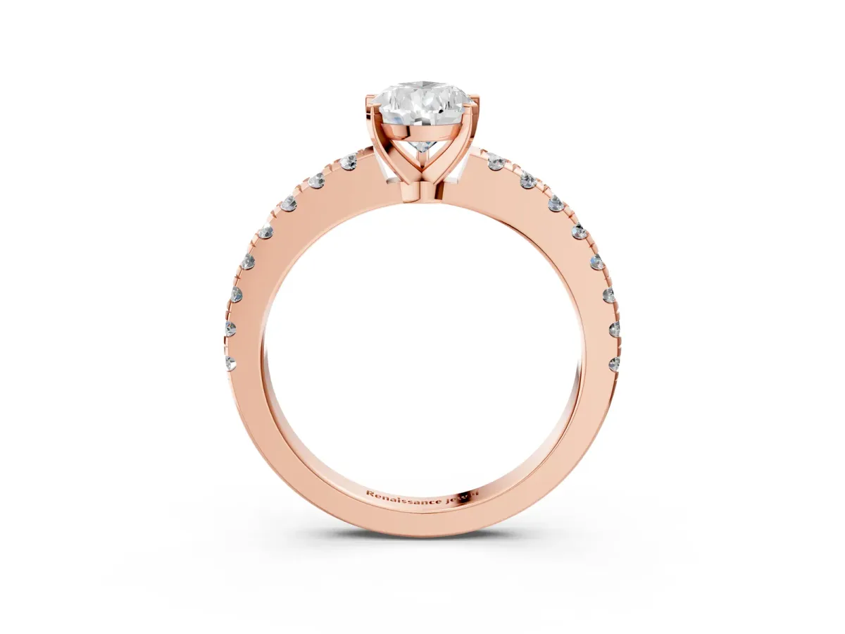 Pear Cut Solitaire Diamond with Pavé Band and Four-Prong Setting Rose gold