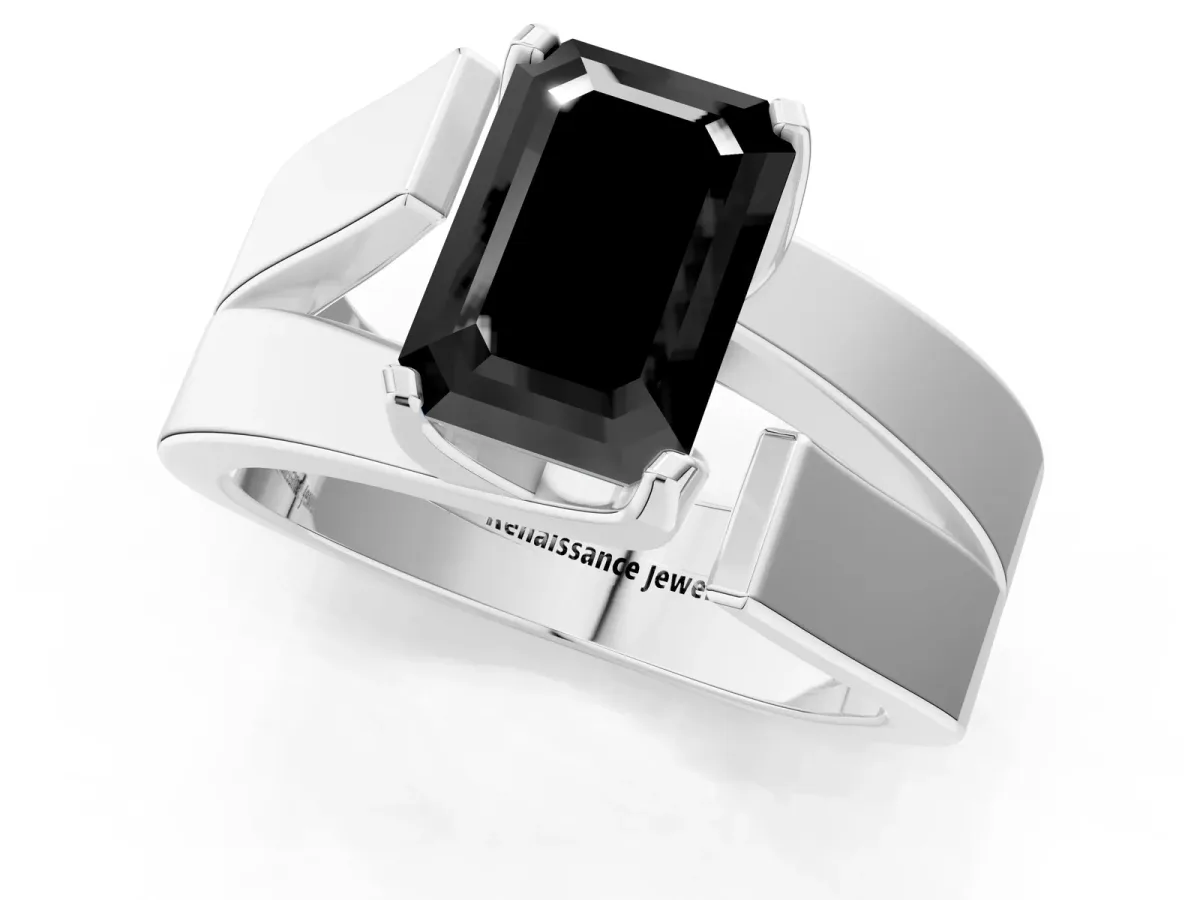 Fancy Black Modern Tension Set Emerald Cut Diamond Solitaire Wide Band Ring Platinum