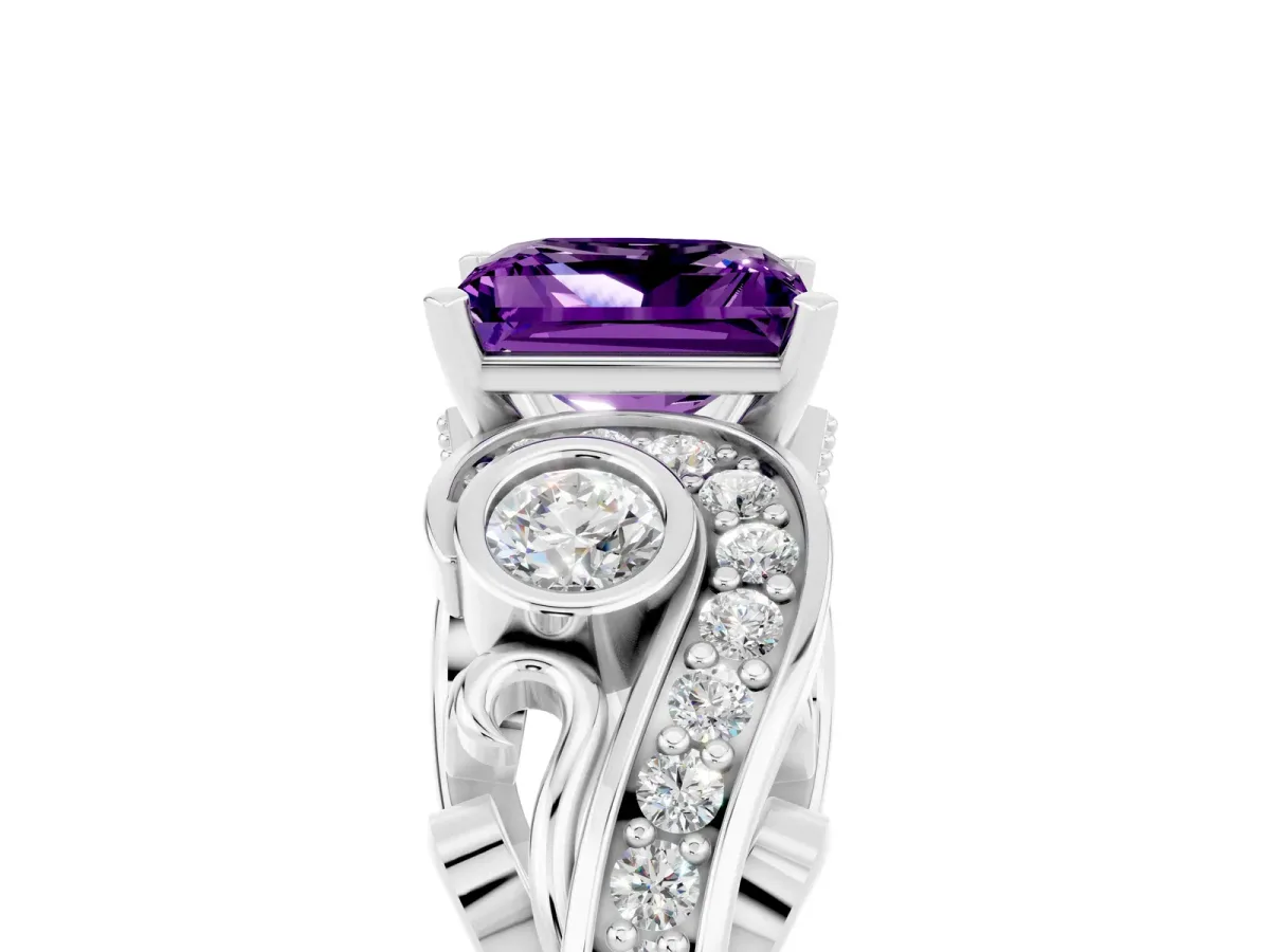 Princess Cut Amethyst Solitaire Ring with Milgrain Pavé Band and Four-Prong Setting Silver