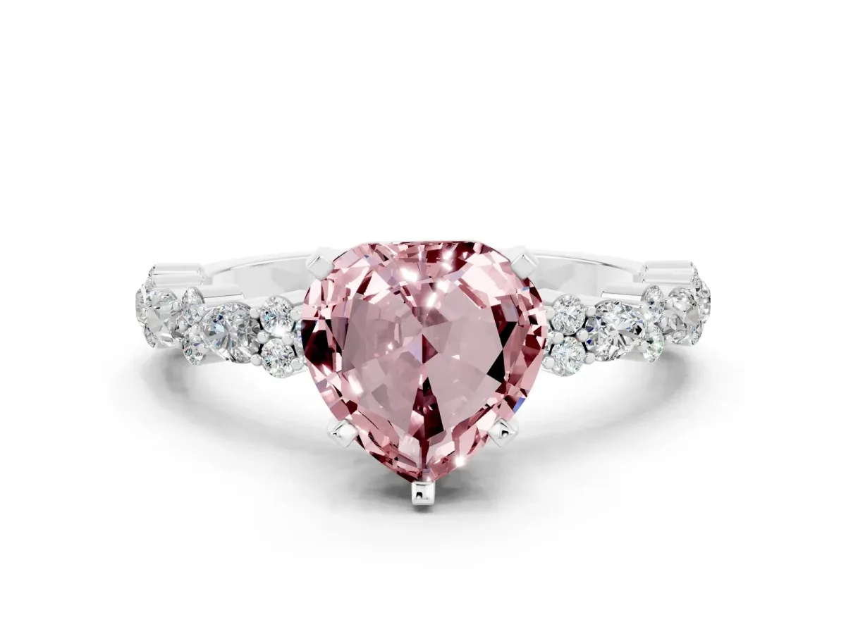 Heart Cut Morganite Side Stone Solitaire Ring with Round and Four-Prong Setting Silver
