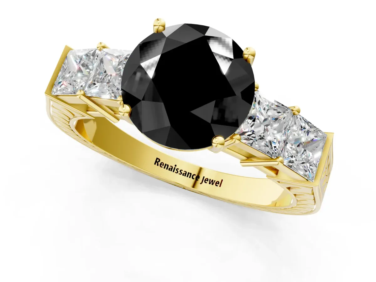 Fancy Black Round Cut Solitaire Princess Side Stone Engraved Band Prong Setting Ring Yellow gold