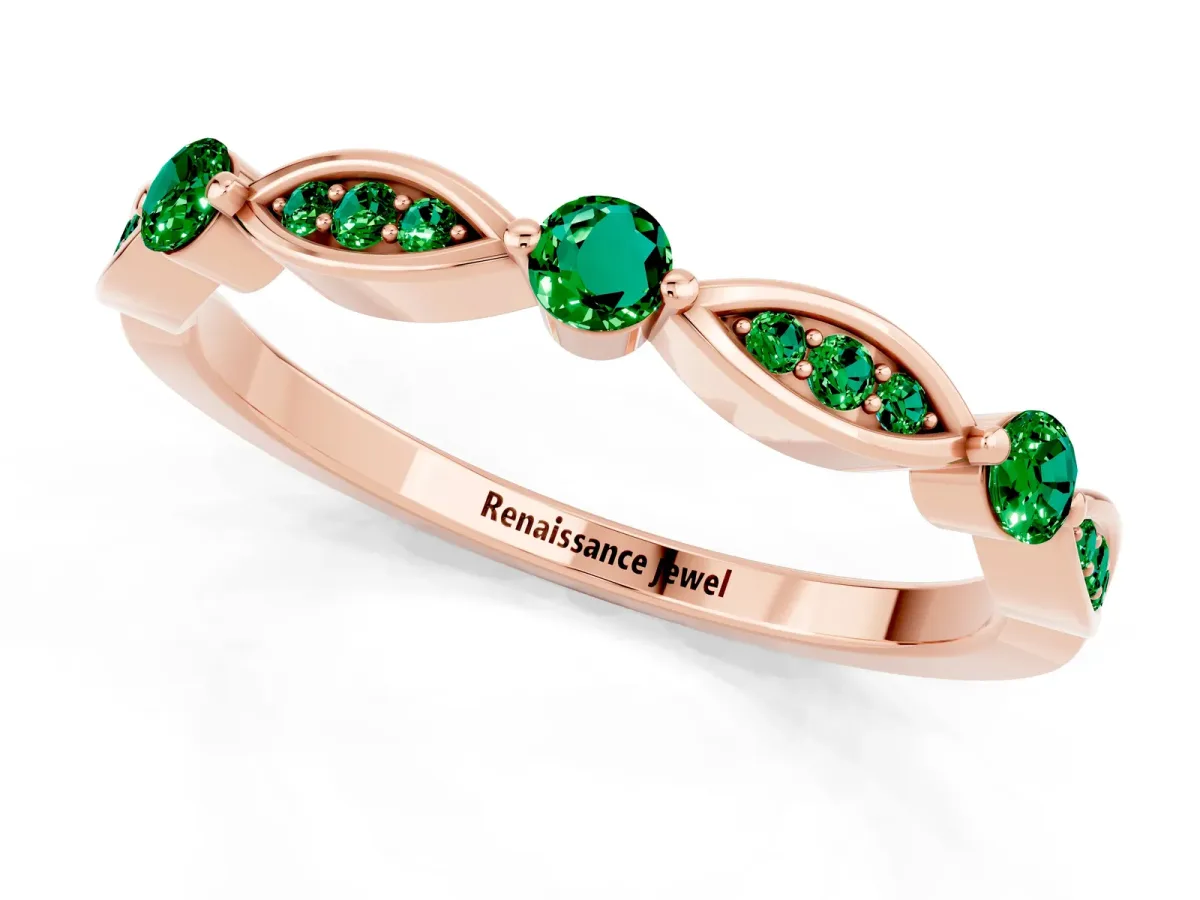 Marquise and Round Emerald Milgrain Band with Bezel Setting Rose gold