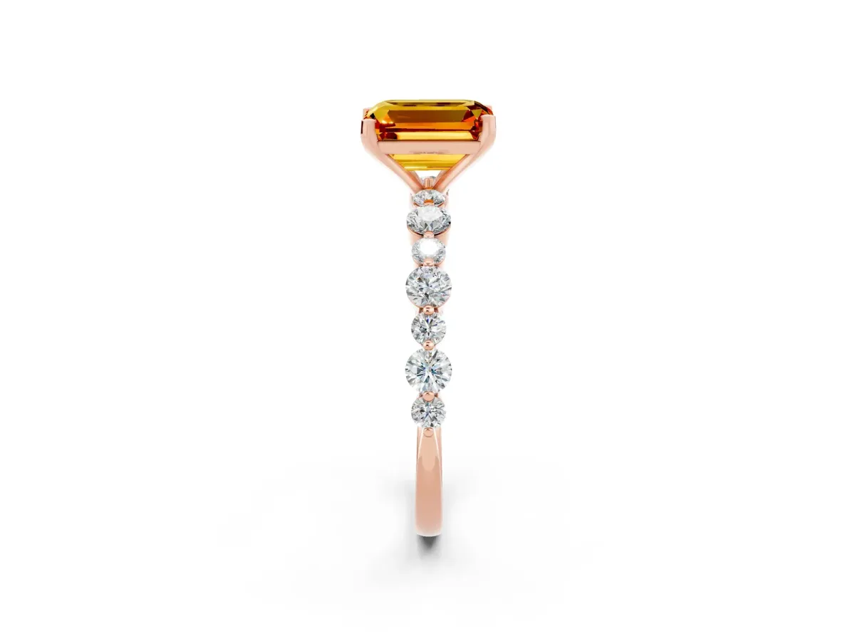 Emerald Cut Citrine Prong Set Engagement Ring with Pavé Band Rose gold