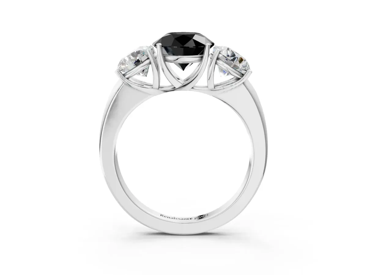 Fancy Black Round Cut Diamond Three-Stone Ring with Four-Prong Setting and Classic Band Platinum