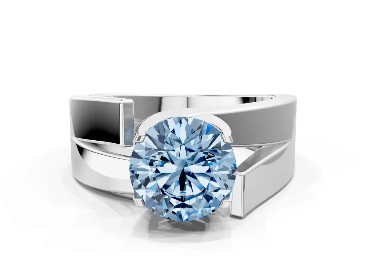 Fancy Blue Modern Tension Set Round Cut Diamond Solitaire Wide Band Ring Platinum