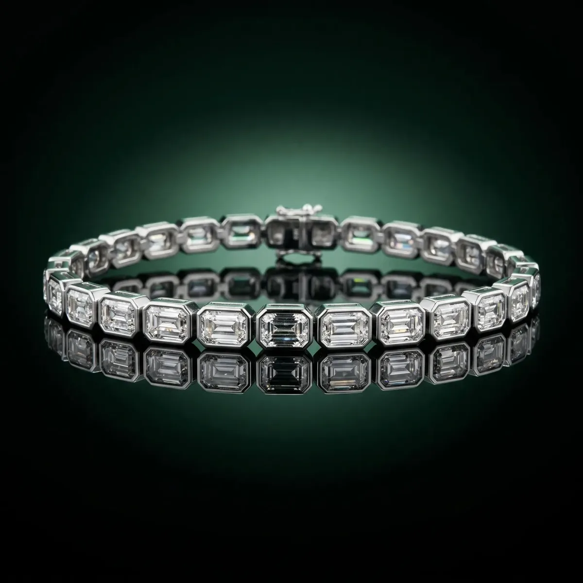 East-West Emerald Cut Diamond Tennis Bracelet with Bezel Setting Silver