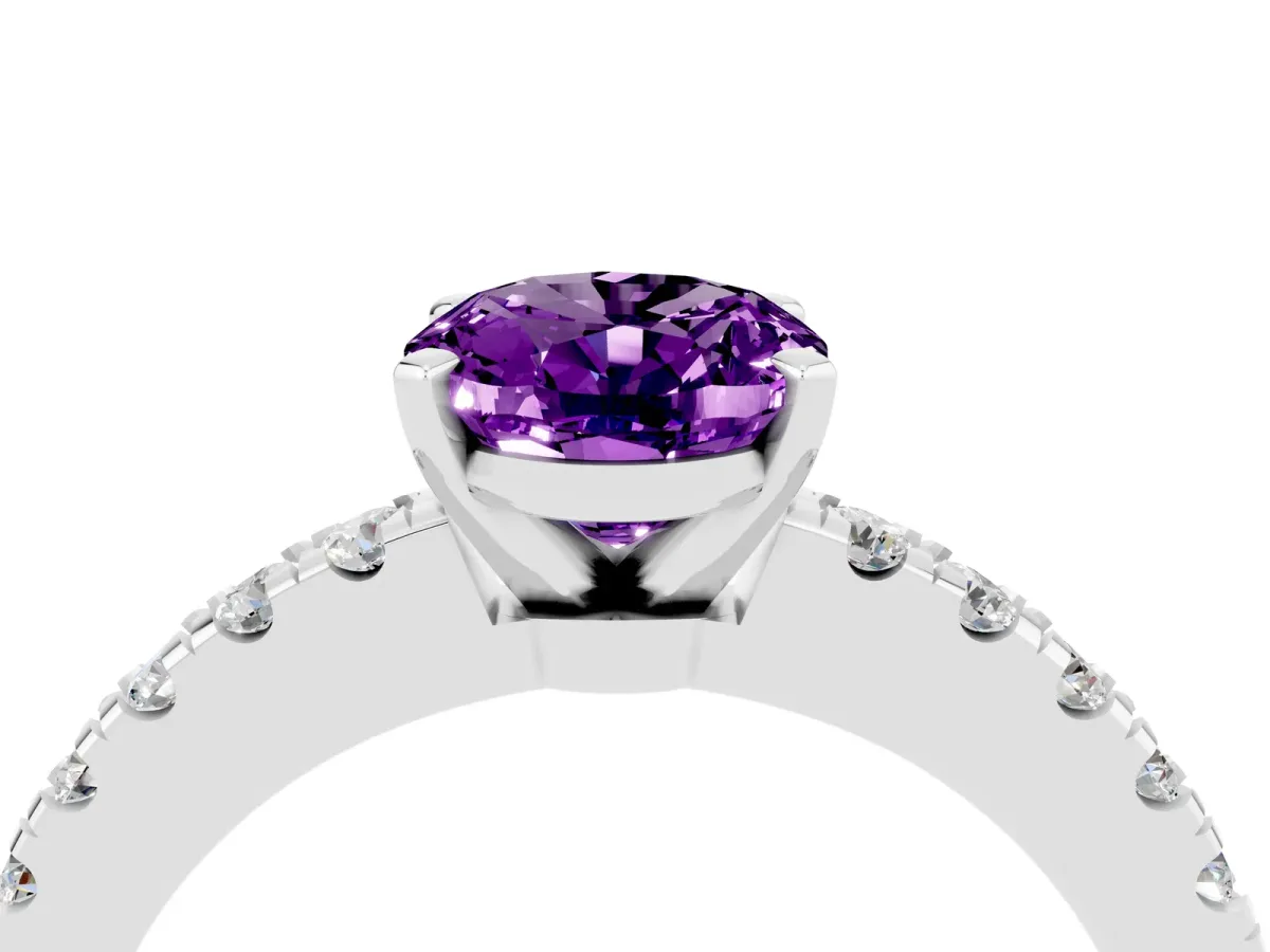 Oval Cut Solitaire Amethyst with Pavé Band and Four-Prong Setting Silver