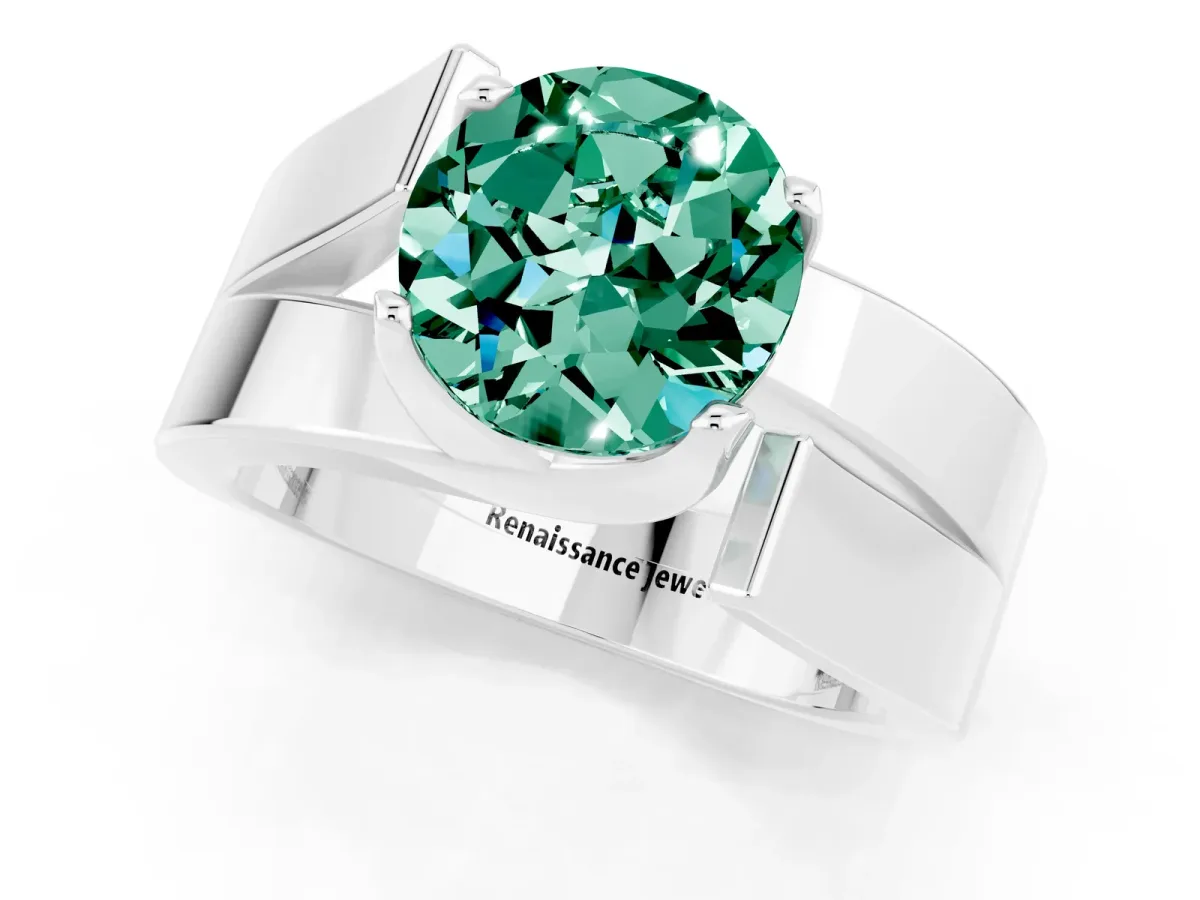 Modern Tension Set Round Cut Green Sapphire Solitaire Wide Band Ring Silver