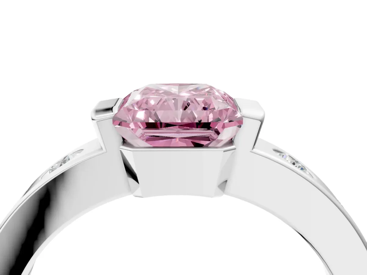 Fancy Pink Radiant Cut Brilliant Channel-Set Diamond Ring with Bezel Prong Setting Platinum