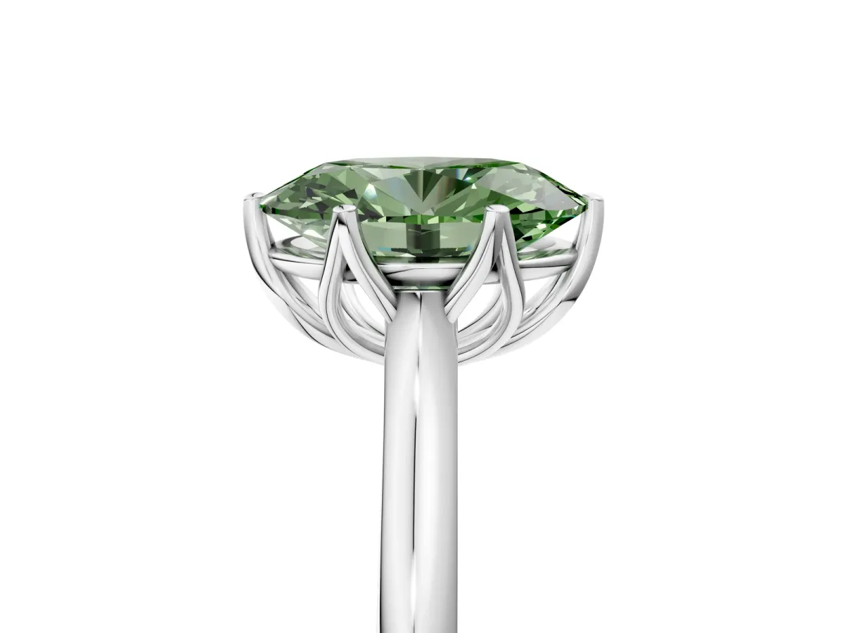 Fancy Green Oval Cut Solitaire Cathedral Diamond Ring with Six-Prong Setting Silver