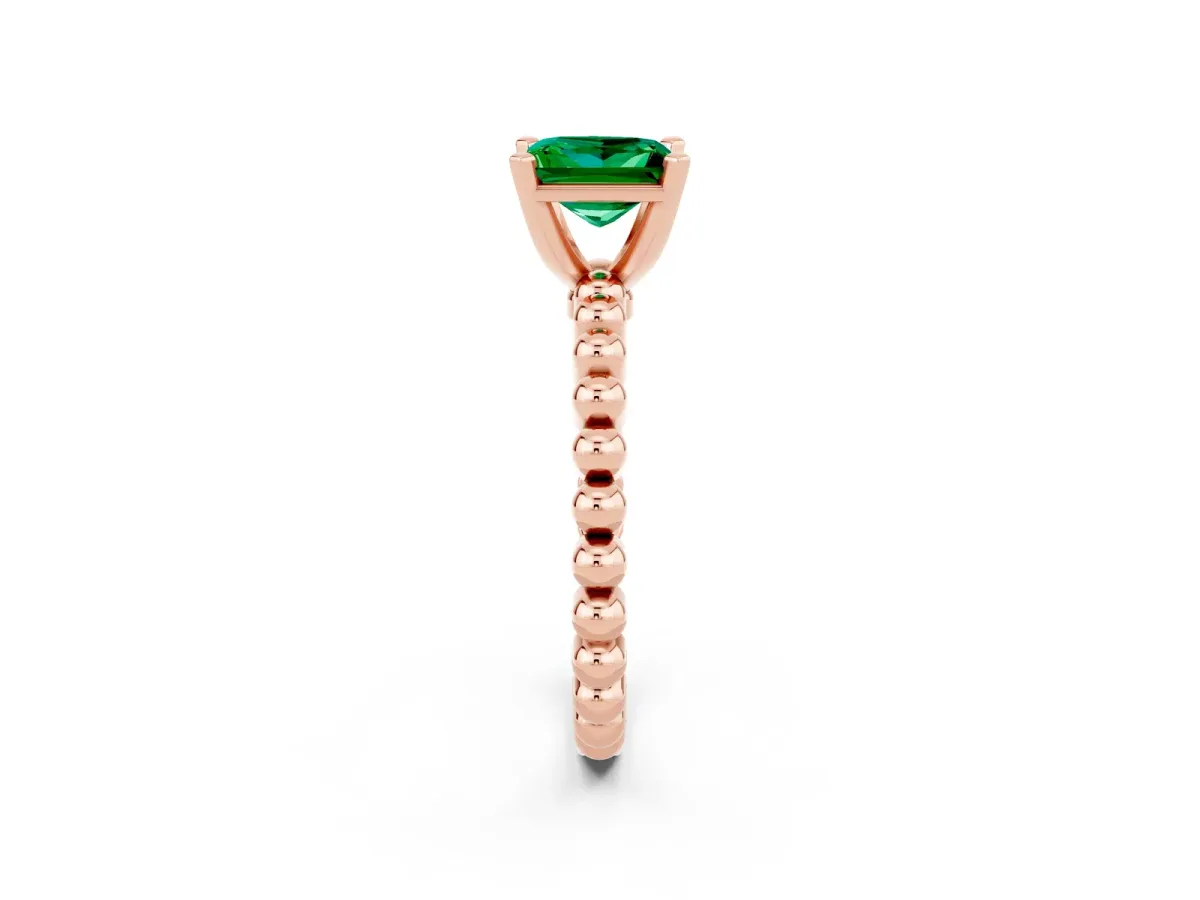 Princess Cut Emerald Solitaire Ring with Beaded Band and Prong Setting Rose gold