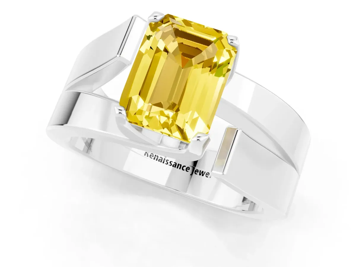 Modern Tension Set Emerald Cut Yellow Sapphire Solitaire Wide Band Ring Silver