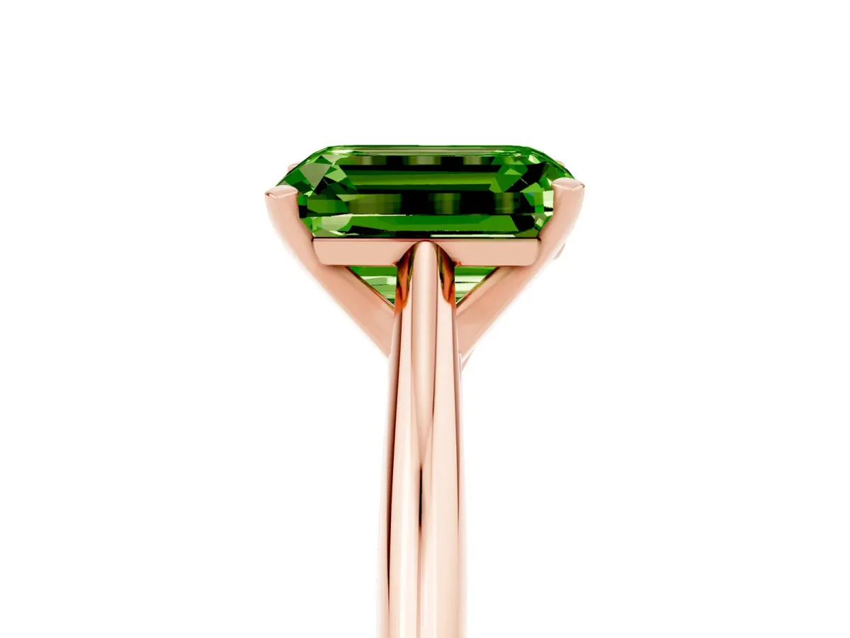 Emerald Cut Peridot Solitaire Engagement Ring with Cathedral Setting and Four-Prong Mount Rose gold
