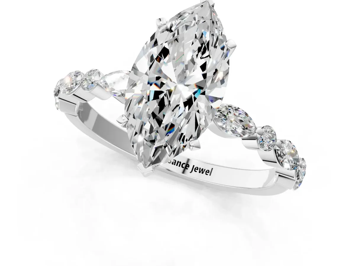 Marquise Cut Diamond Ring with Marquise and Round Side Stones and Four-Prong Setting Silver