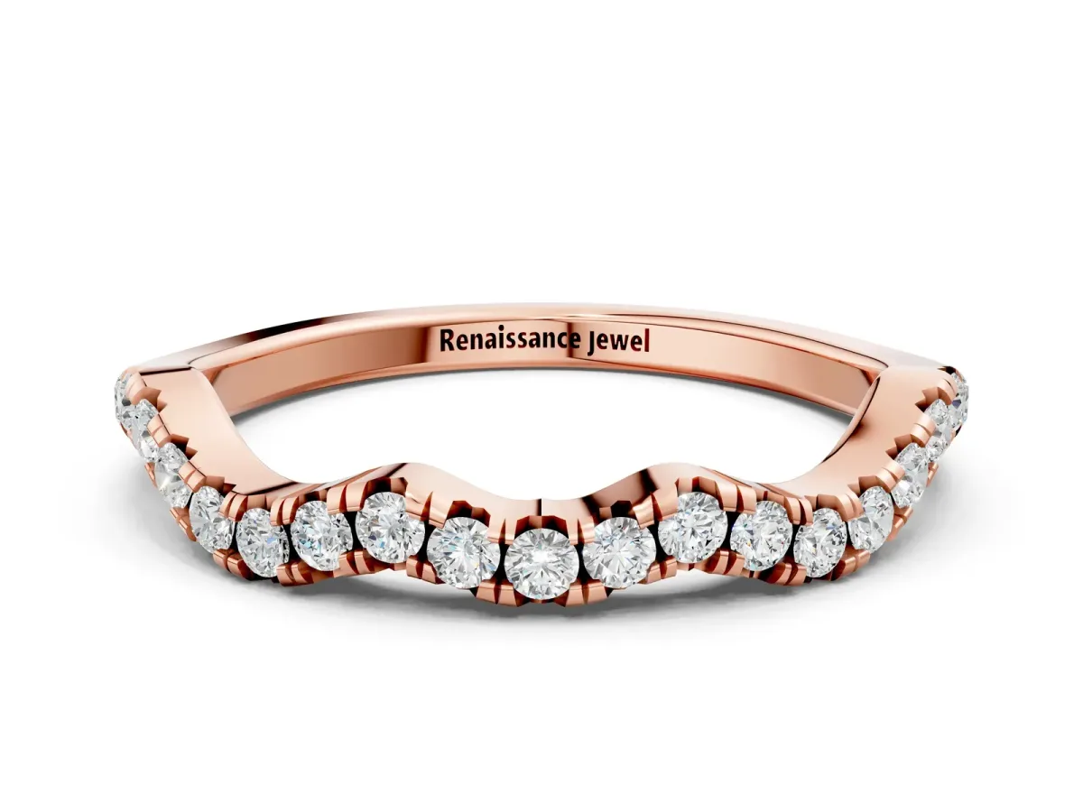 Round Diamond Scalloped Pavé Wedding Band with Shared Prong Setting Rose gold