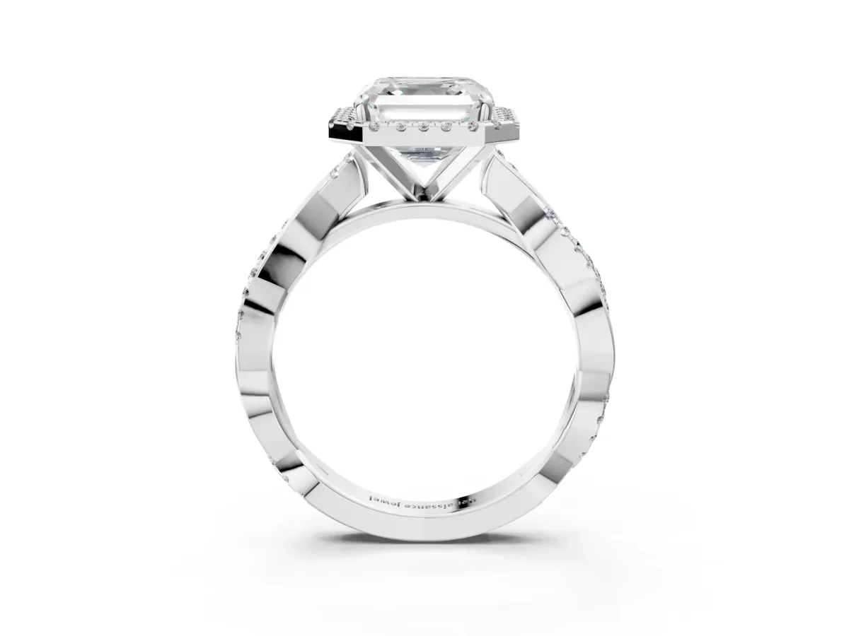 Asscher Cut Cut Halo Twisted Band Four-Prong Ring Platinum