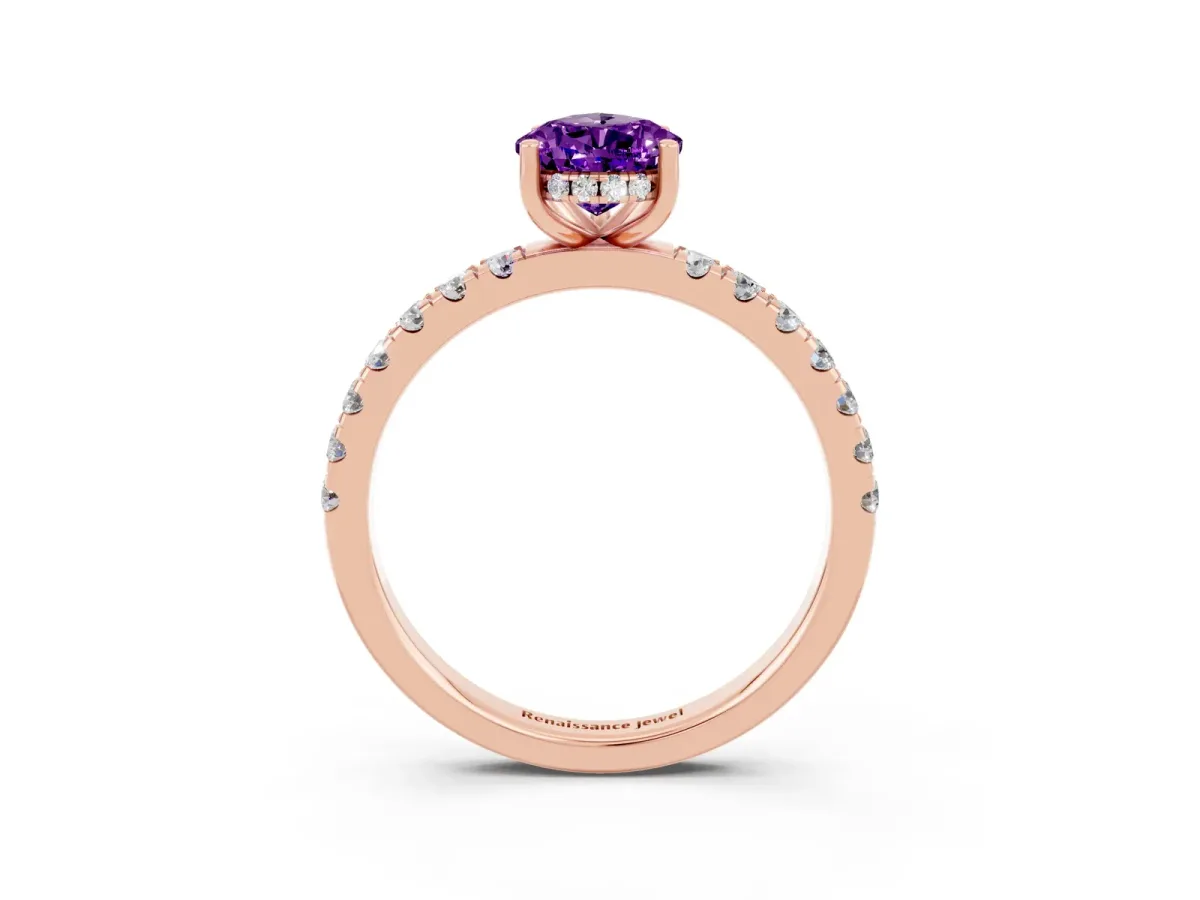 Pear Cut Amethyst Pave Band Solitaire Ring with Round and Prong Setting Rose gold