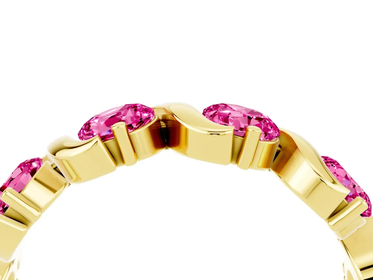 Round Pink Sapphire Half Eternity Band with Wave Prong Setting Yellow gold