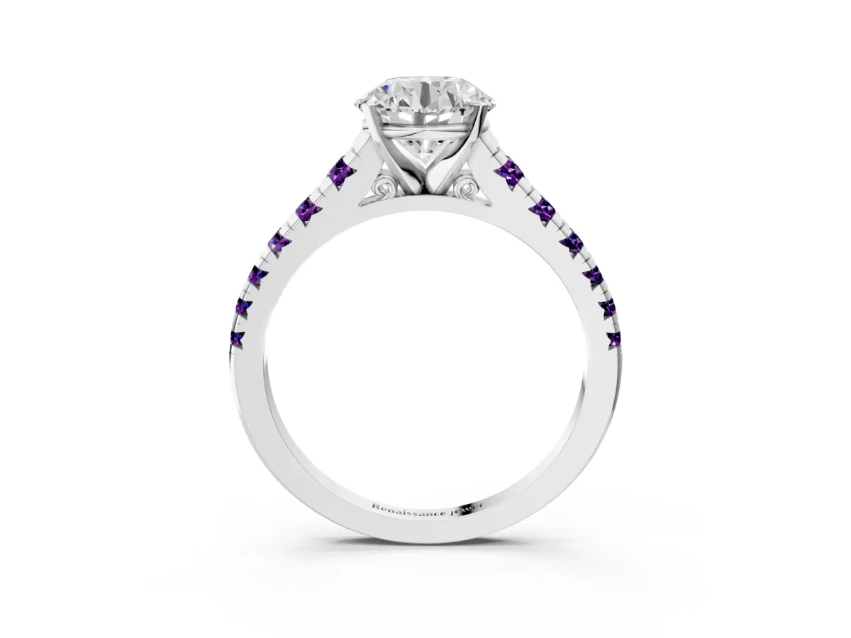 Round Cut Diamond Cathedral Solitaire Ring with Round Amethyst Pavé Band Silver