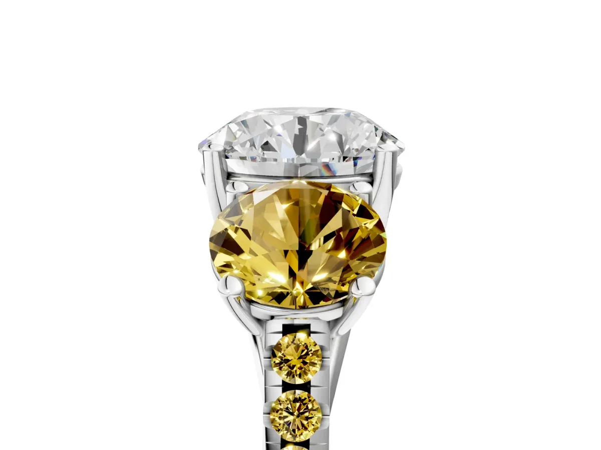 Three-Stone Round Cut Diamond Ring with Round Yellow Sapphire Pavé Band and Prong Setting Silver