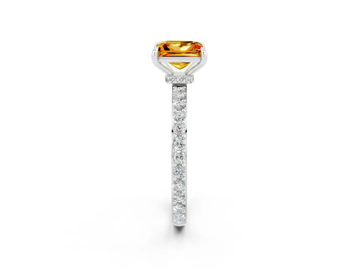 Princess Cut Citrine Solitaire Engagement Ring with Pavé Band and Four-Prong Setting Silver
