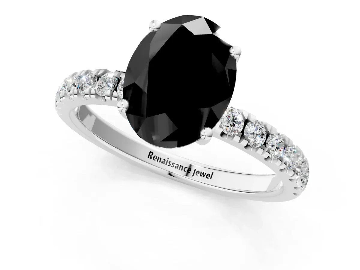 Fancy Black Oval Cut Diamond Pave Band Solitaire Ring with Round and Prong Setting Platinum