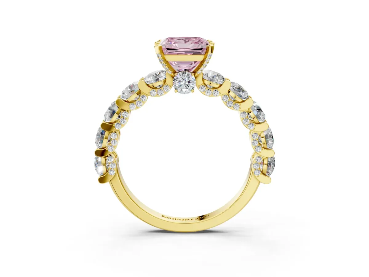 Fancy Pink Princess Cut Diamond Side Stone Engagement Ring with Four-Prong Setting Yellow gold