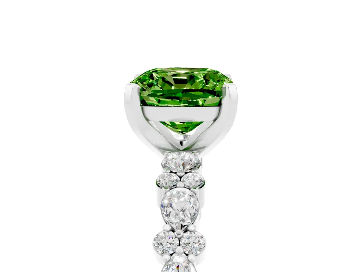 Cushion Cut Peridot Side Stone Solitaire Ring with Round and Four-Prong Setting White gold
