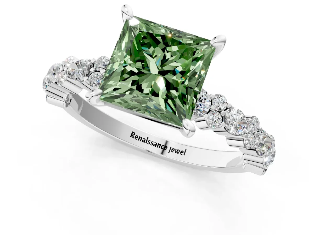 Fancy Green Princess Cut Diamond Side Stone Solitaire Ring with Round and Four-Prong Setting Silver