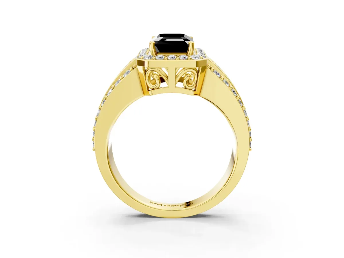 Fancy Black Emerald Cut Halo Diamond Ring with Round Split Shank and Prong Setting Yellow gold